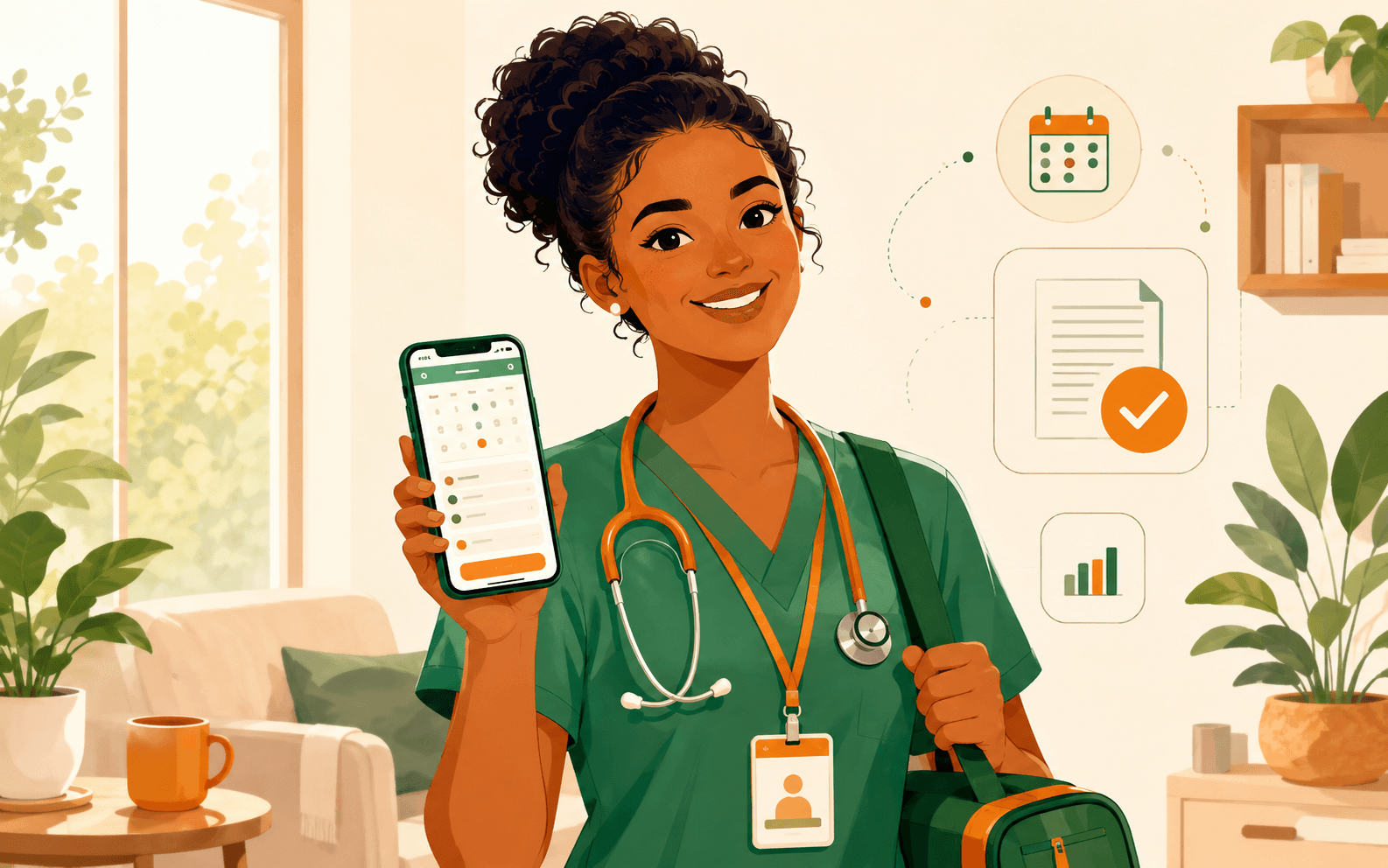 Profissional de saúde da Alta Saúde gerenciando plantões e relatórios pelo celular