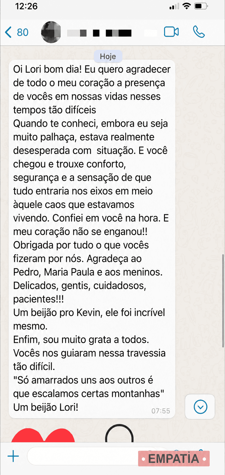 Mensagem de agradecimento de familiar de paciente enviada por WhatsApp