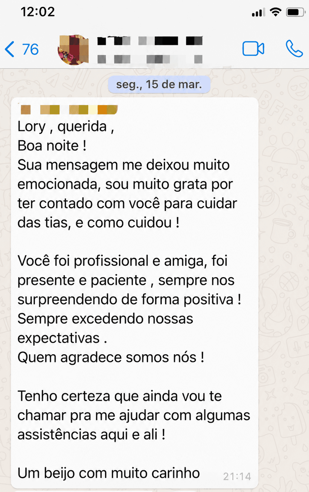 Mensagem de agradecimento de familiar de paciente enviada por WhatsApp