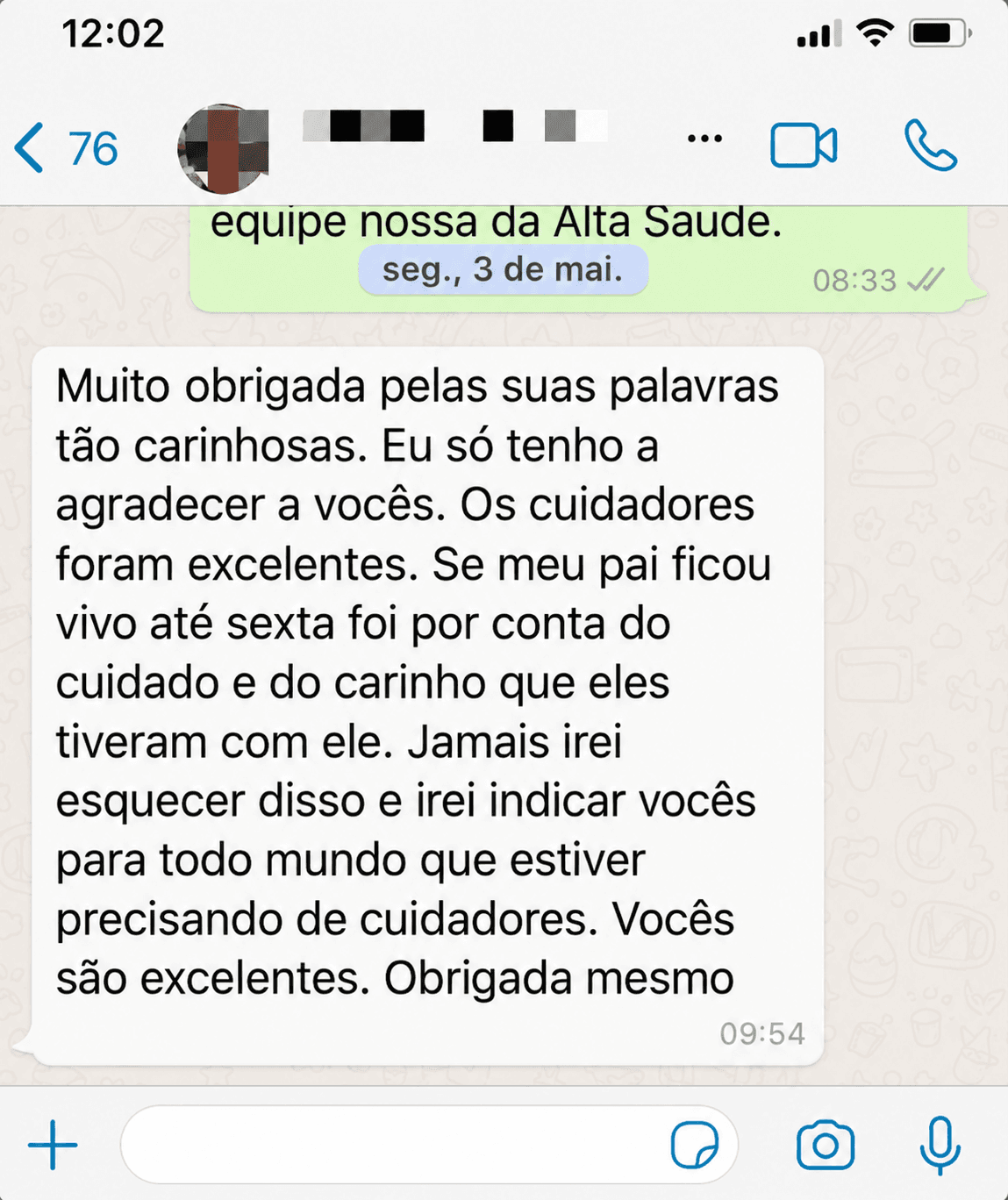 Mensagem de agradecimento de familiar de paciente enviada por WhatsApp